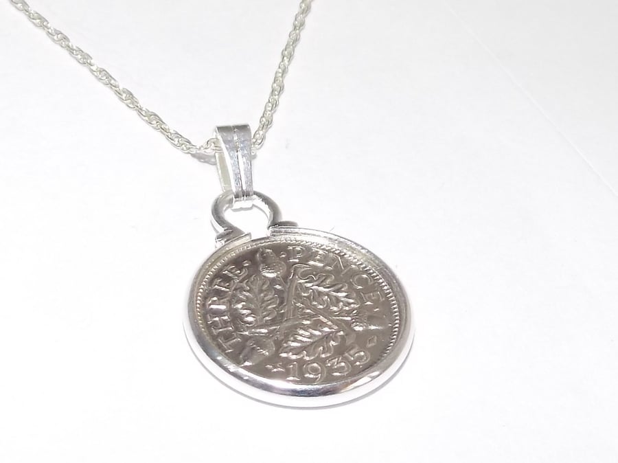 1936 90th Birthday Anniversary 3D Threepence coin pendant plus 18inch SS chain 8