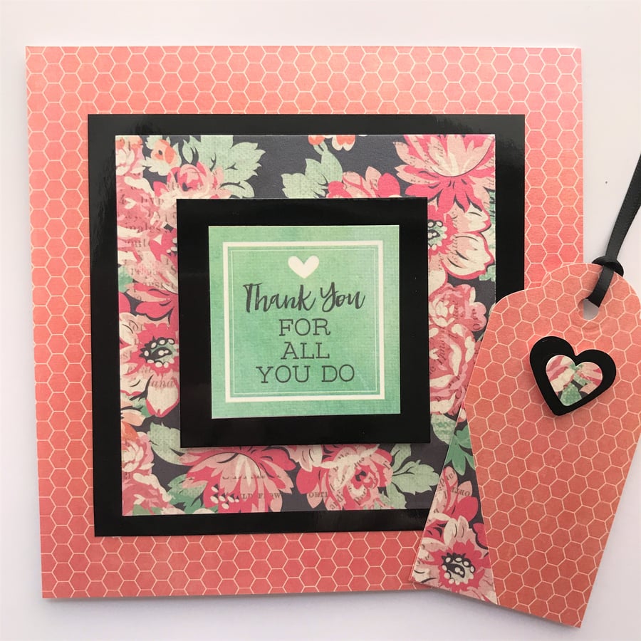 Handmade Thanks Anniversary Valentines peach black cards with matching gift tag 