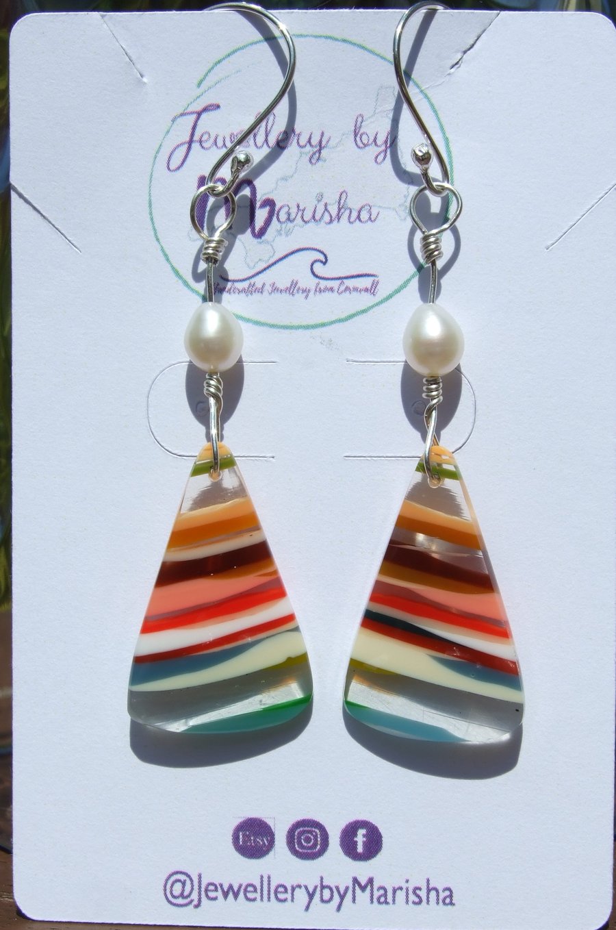 Surfite & Sterling Silver Wire-Wrapped Multicoloured Earrings with White Pearls 