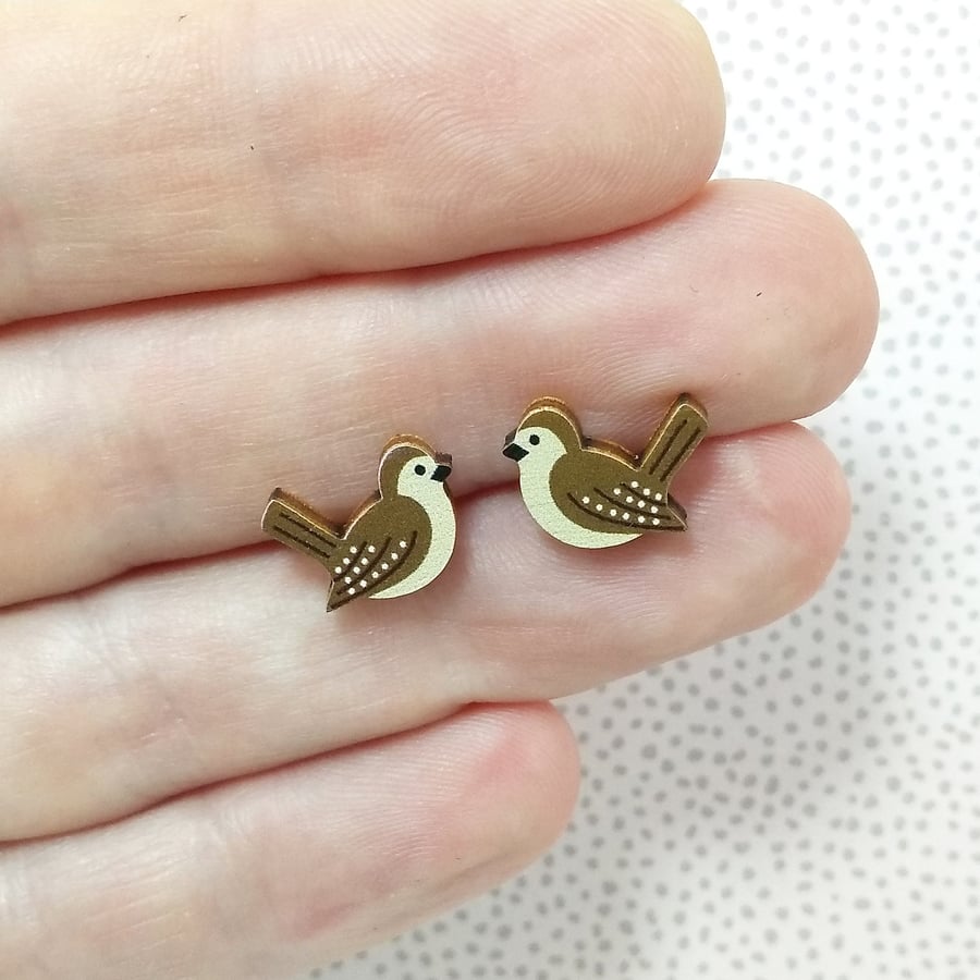 Wren Wooden Earrings, Bird Earrings, Silver Plated or Sterling Silver Backs