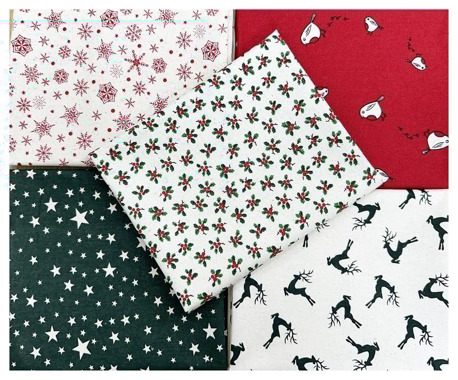 Fat Quarter Bundle - Scandi Christmas Red Green Robins Holly Reindeer Fabric Mix