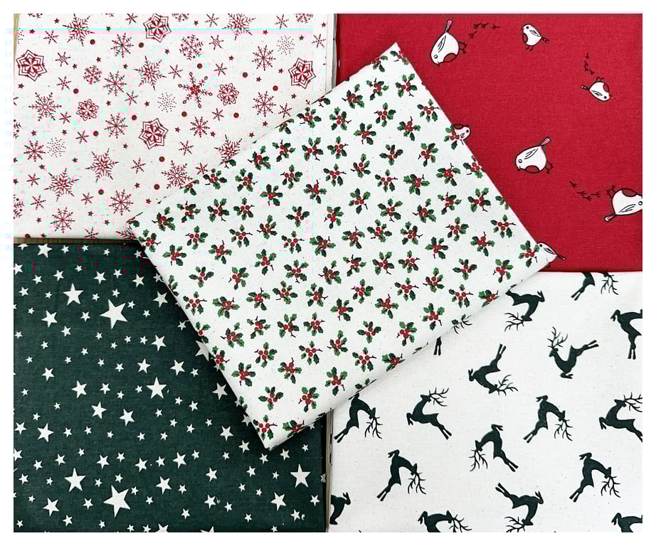 Fat Quarter Bundle - Scandi Christmas Red Green Robins Holly Reindeer Fabric Mix