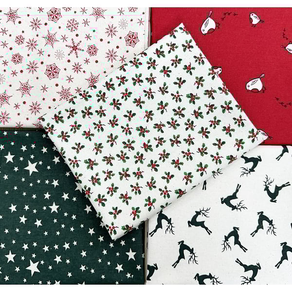 Fat Quarter Bundle - Scandi Christmas Red Green Robins Holly Reindeer Fabric Mix