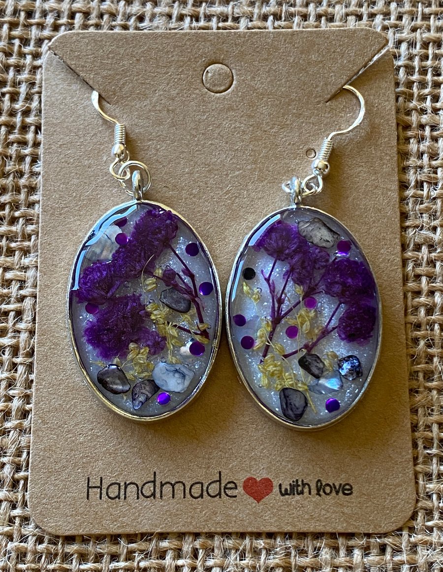 Handmade Silver-Rimmed Oval Earrings With Real Purple Flowers and Shells