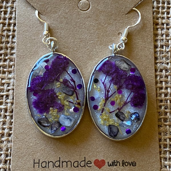 Handmade Silver-Rimmed Oval Earrings With Real Purple Flowers and Shells