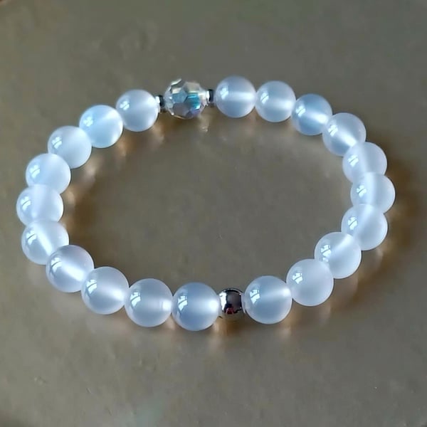 White Agate & Crystal Stretch Bracelet, Gemstone Beads, Friendship Gift