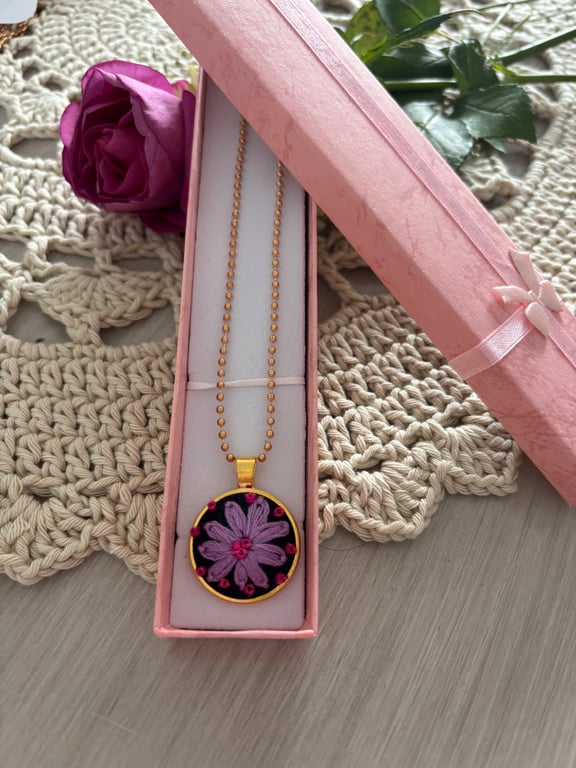 Embroidered Pendant Necklace - Lilac- Floral- 
