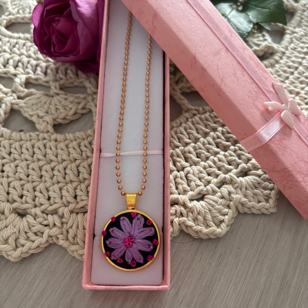 Embroidered Pendant Necklace - Lilac- Floral- 