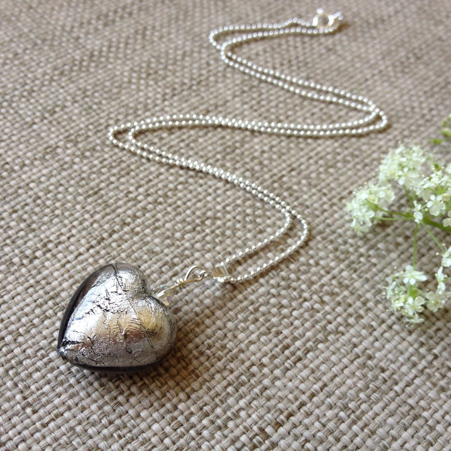 Murano Glass Heart Pendant Necklace, Silver-grey with Swarovski crystal