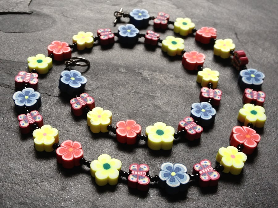 Floral Butterflies Polymer Clay Necklace 19 inches Primary Colours