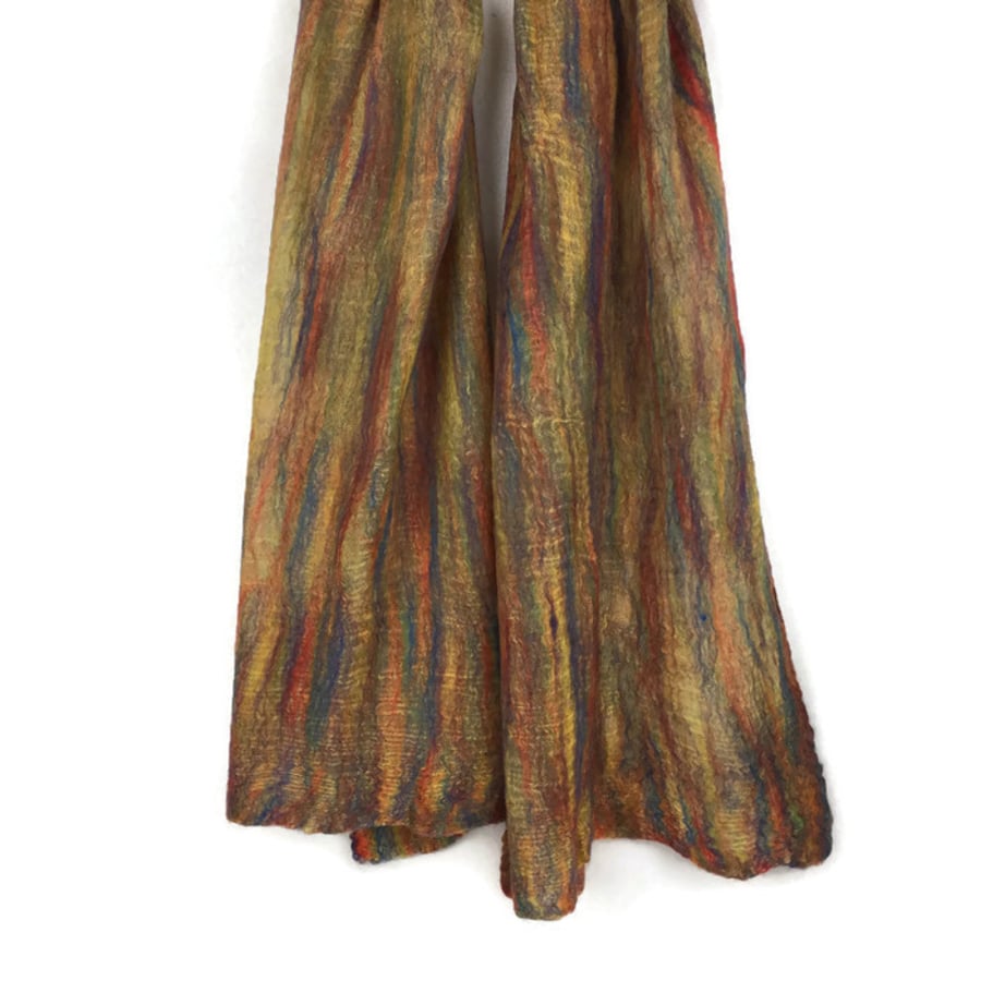 Merino wool on silk, nuno felted scarf in rainbow colours on yellow