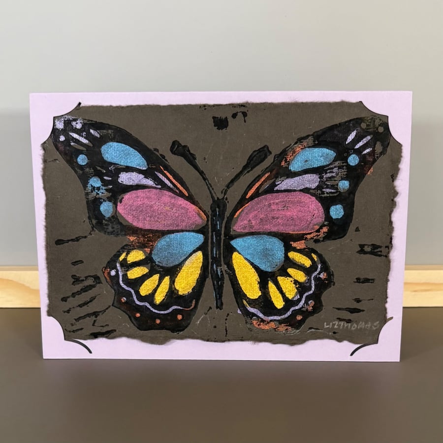 Greetings Card - Hand Printed Painted Butterfly Purple Tip Wings