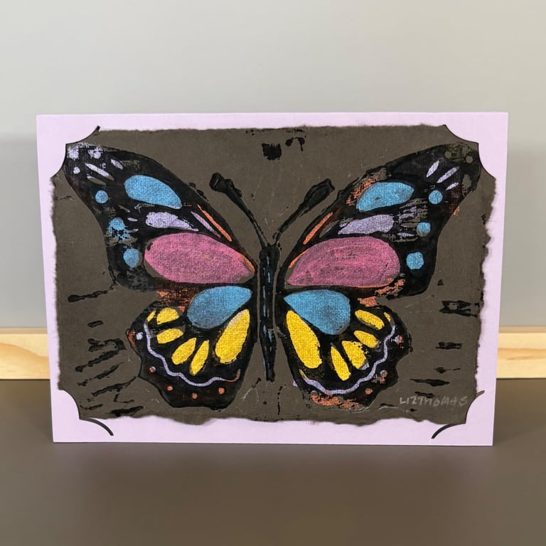 Greetings Card - Hand Printed Painted Butterfly Purple Tip Wings