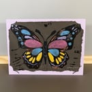 Greetings Card - Hand Printed Painted Butterfly Purple Tip Wings