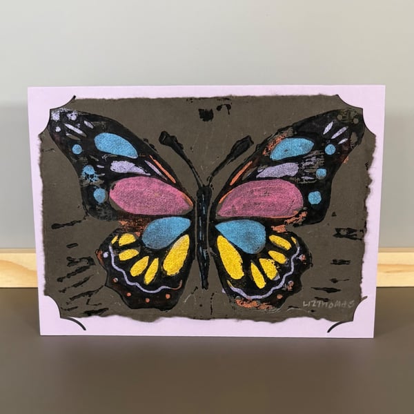 Greetings Card - Hand Printed Painted Butterfly Purple Tip Wings