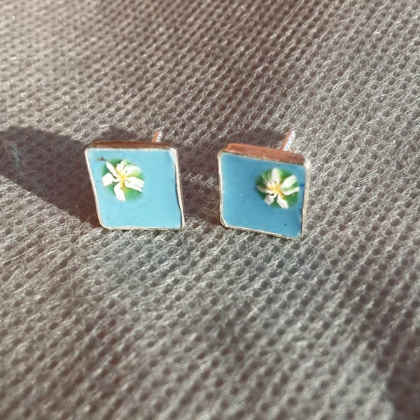 STERLING SILVER SQUARE ENAMELLED 8MM STUD EARRINGS 