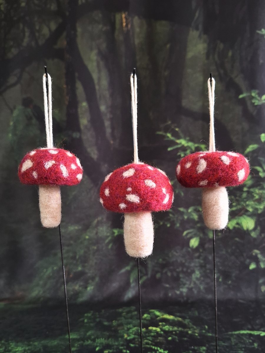 3 Cute Hanging Toadstools. Needle Felted with Wool Fibres.. FREE SHIPPING.