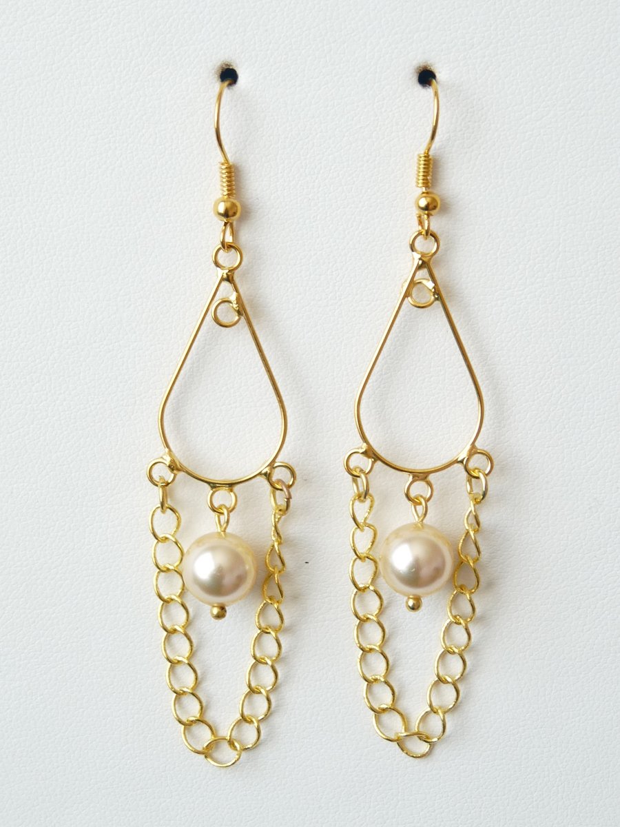Light Gold Shell Pearl Chandelier Earrings - Genuine Gemstone - Handmade 