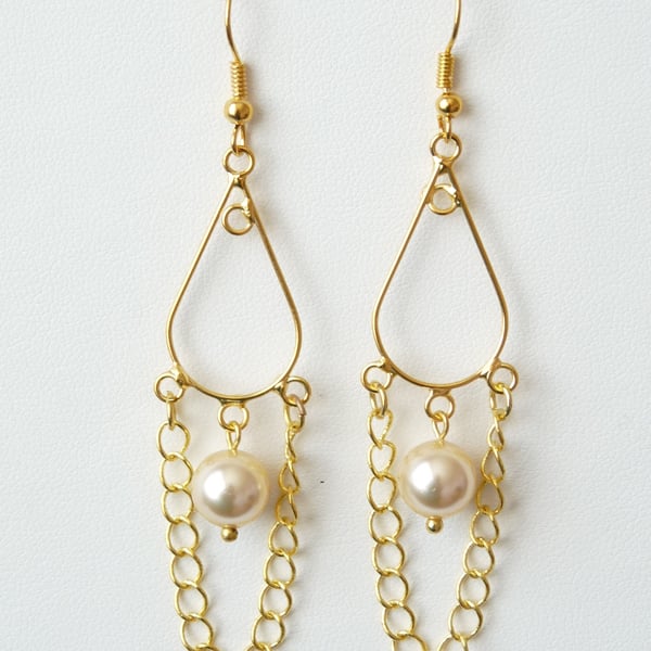 Light Gold Shell Pearl Chandelier Earrings - Genuine Gemstone - Handmade 