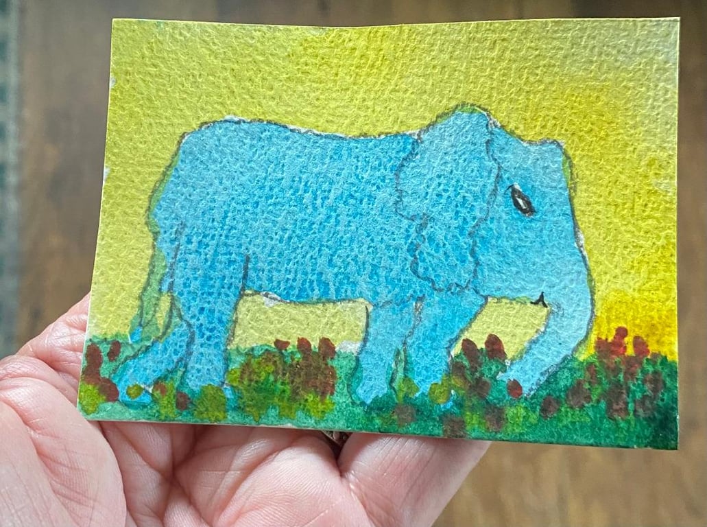 ACEO, Blue Elephant, Original Watercolour, Size 3.5 x 2.5 inches
