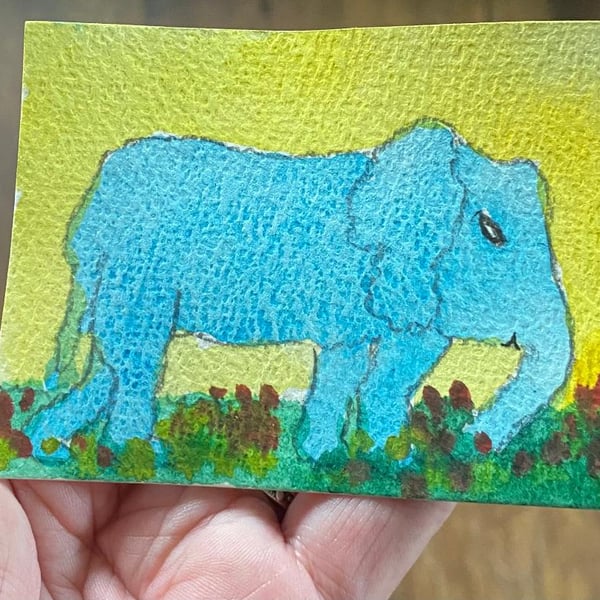 ACEO, Blue Elephant, Original Watercolour, Size 3.5 x 2.5 inches
