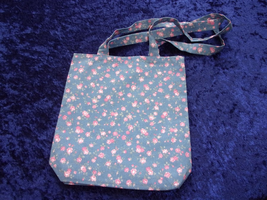 Blue Fabric  Bag with Small Pink Flowers