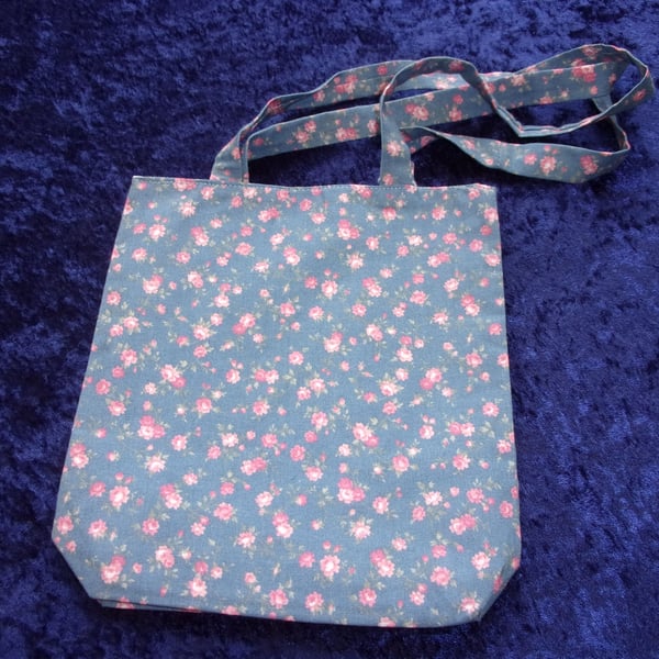 Blue Fabric  Bag with Small Pink Flowers