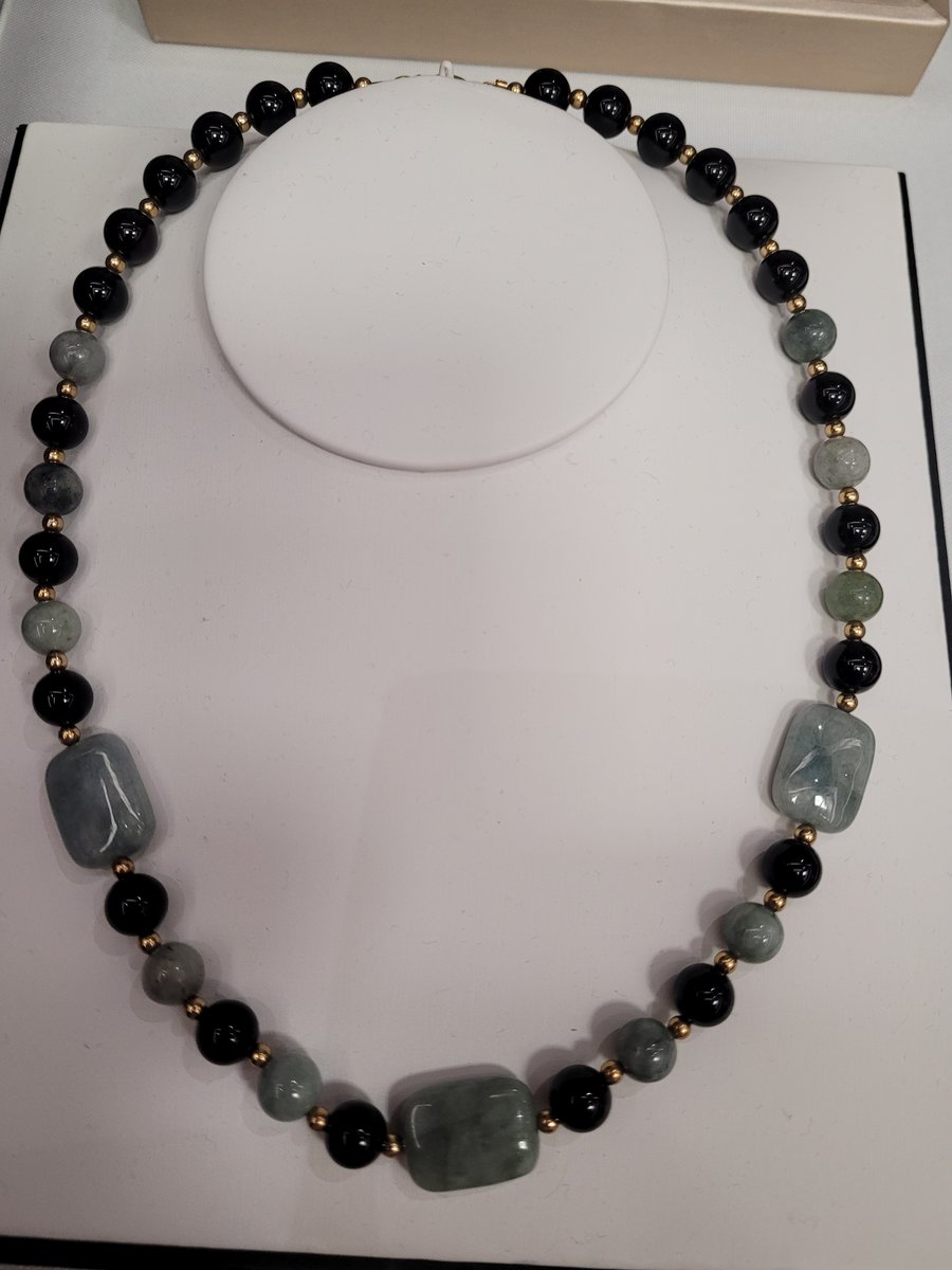 Black Agate Necklace with Burmese Jade