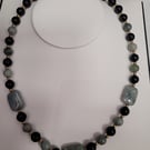 Black Agate Necklace with Burmese Jade