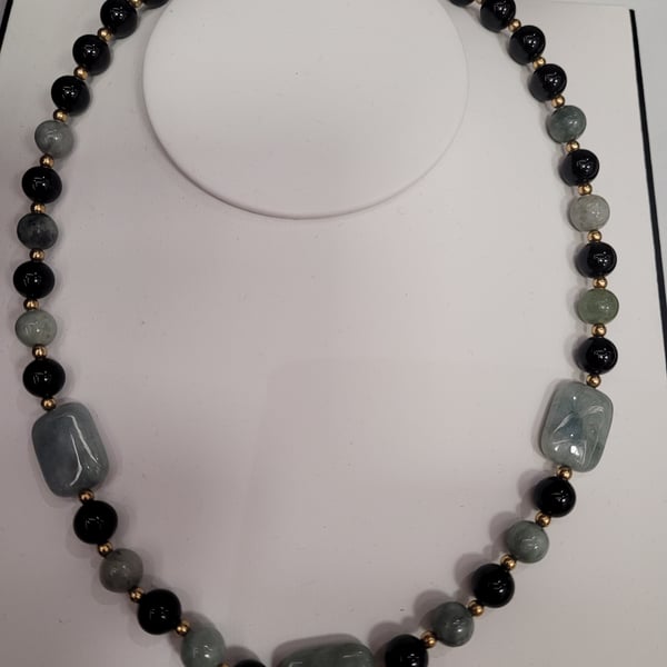 Black Agate Necklace with Burmese Jade