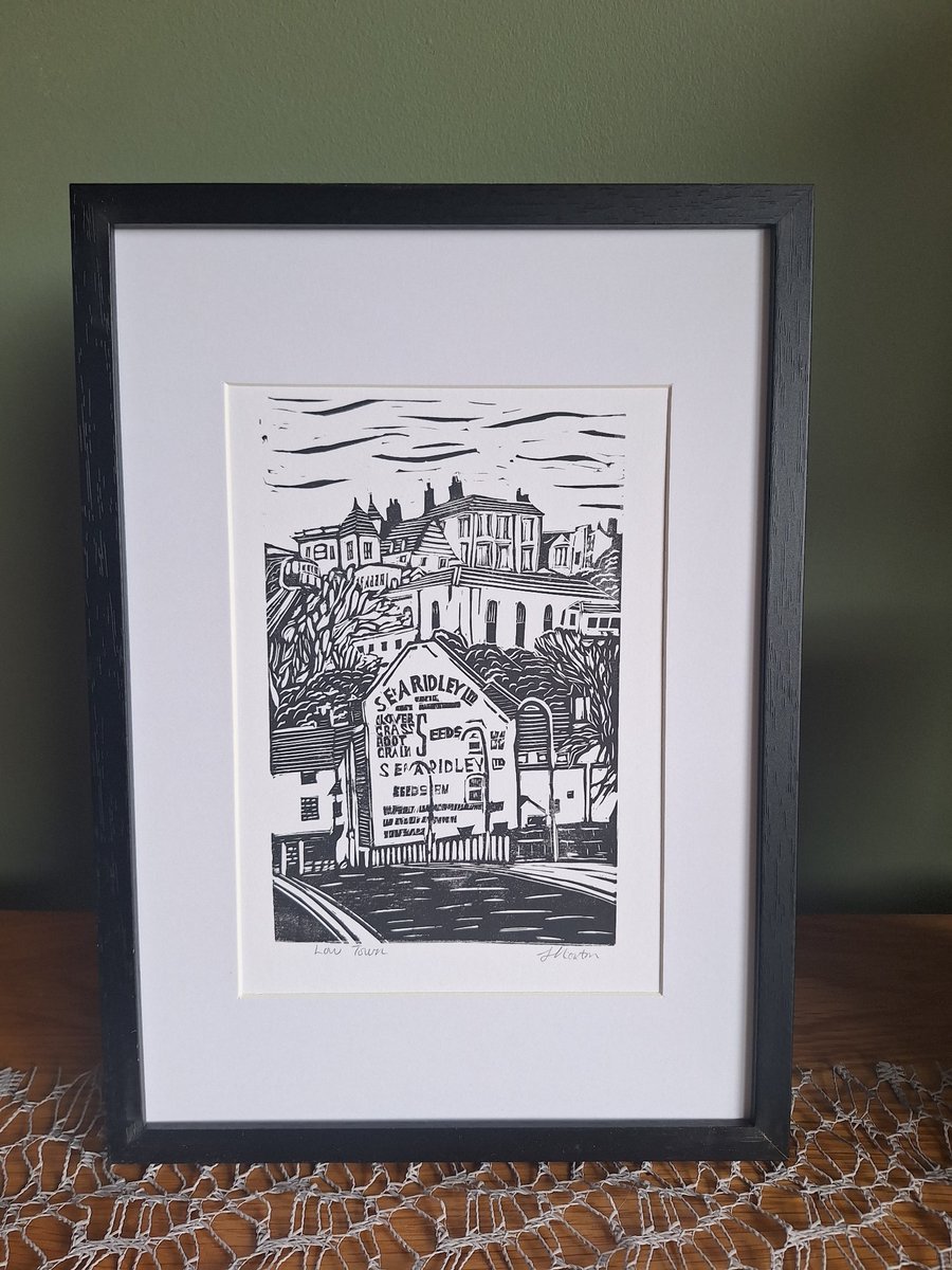 'Low Town'. Original handprinted linoprint of a Bridgnorth view in Shropshire.