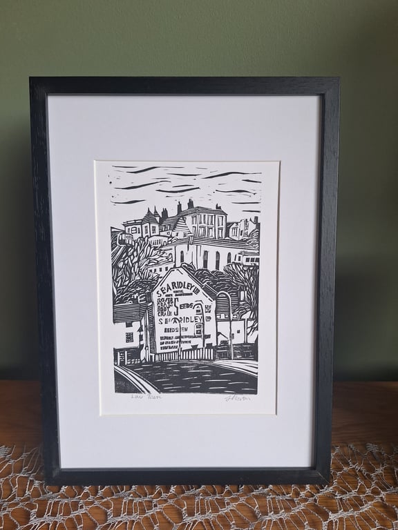 'Low Town'. An original handprinted linoprint of a Bridnorth view in Shropshire.