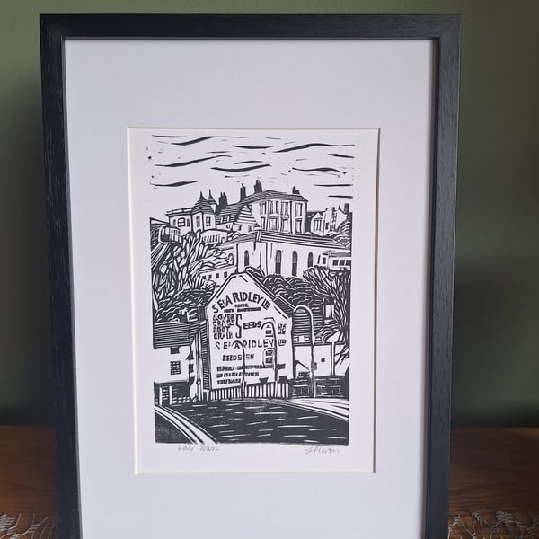 'Low Town'. An original handprinted linoprint of a Bridnorth view in Shropshire.