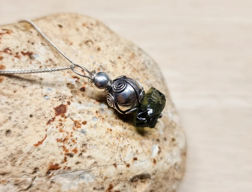 Rare raw Moldavite pendant necklace