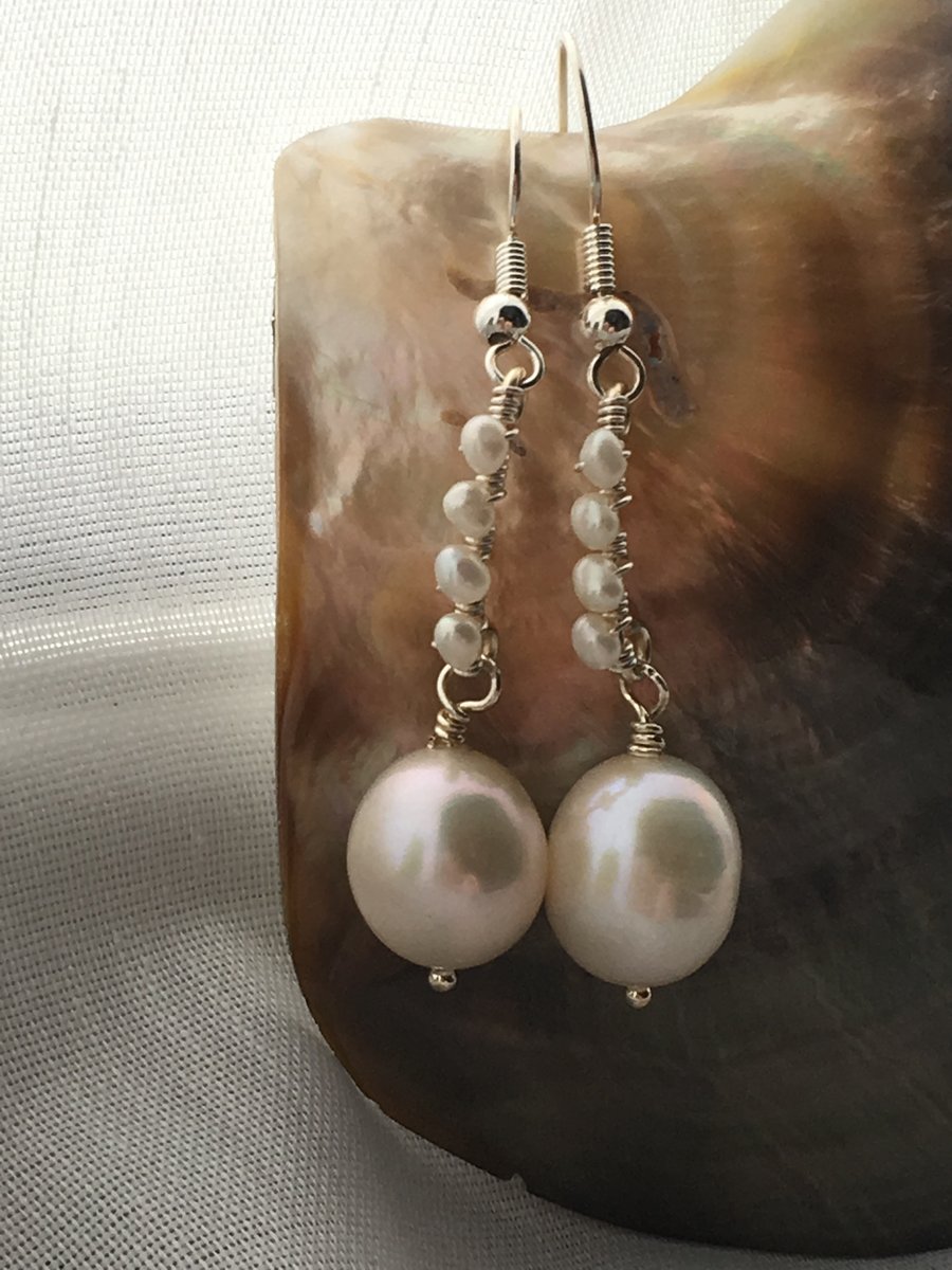 White freshwater pearl drop earrings - made in Scotland. 