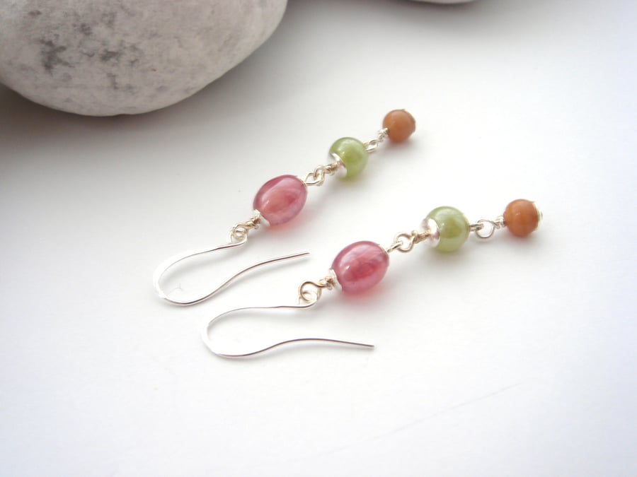Spring Colours Silver Earrings, Long Dangle Earrings