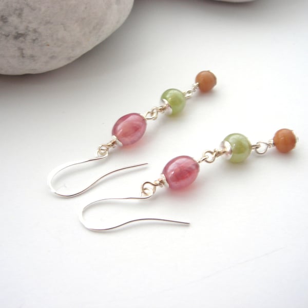 Spring Colours Silver Earrings, Long Dangle Earrings