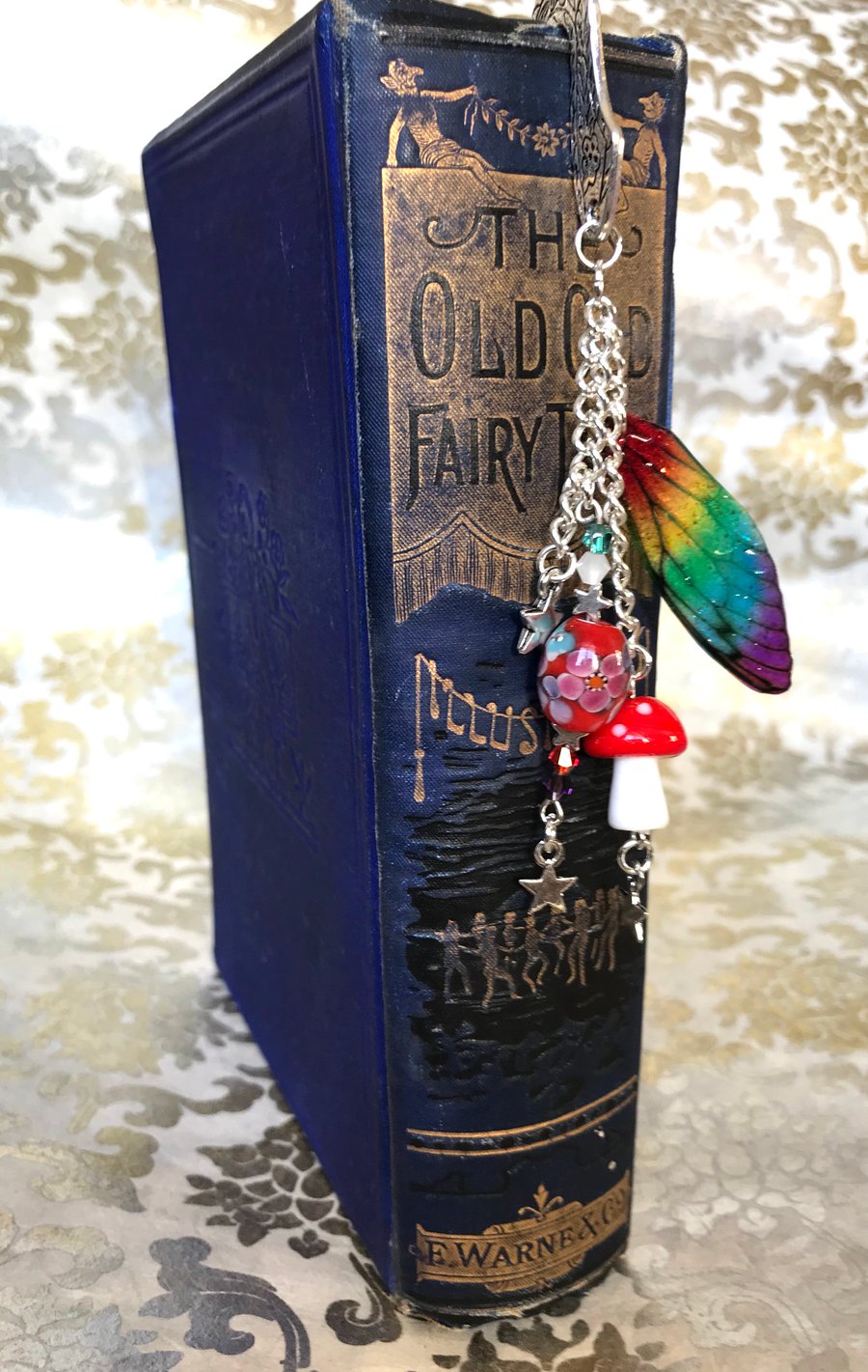 Rainbow Fairy Wing Beaded Toadstool Ornate Bookmark and Velvet Pouch