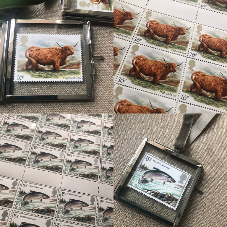 HIghland Cow . Mini glass framed mint stamp gallery art 