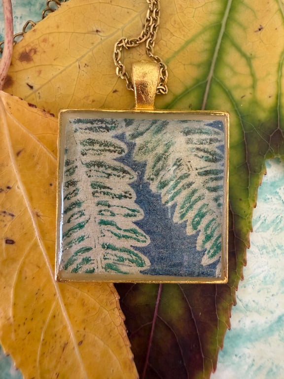 Botanical fern Art Pendant, wearable artwork pendant  in tones of blue and green