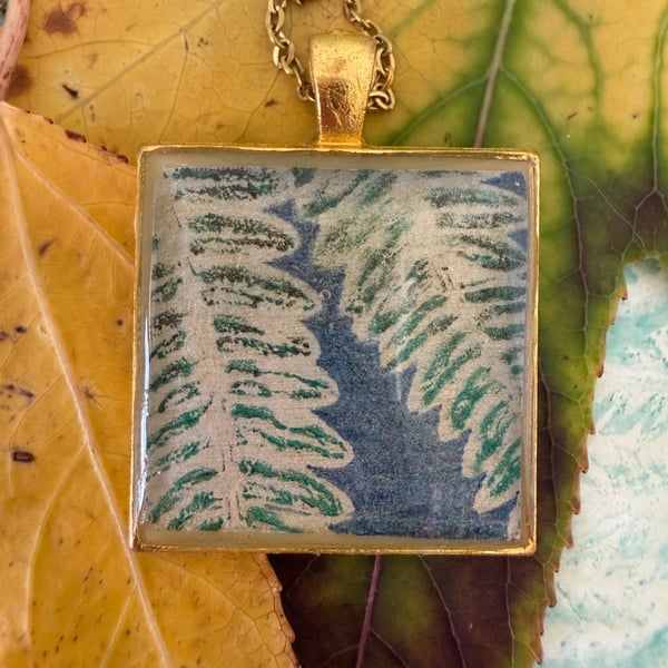 Botanical fern Art Pendant, wearable artwork pendant  in tones of blue and green