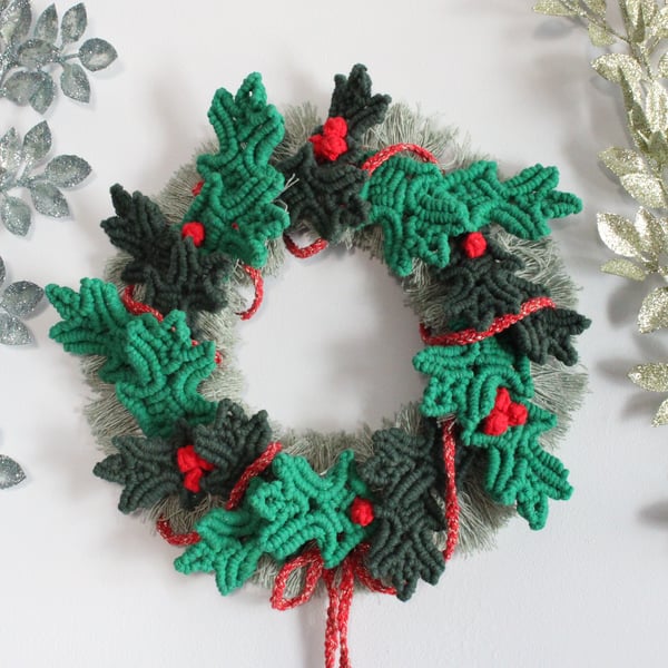Macrame wall hanging, Christmas wreath, holly wreath  macrame
