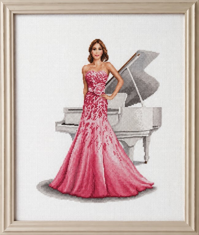 Rose by John Clayton – Completed Lady and Piano Cross-Stitch in Ash Wood Frame