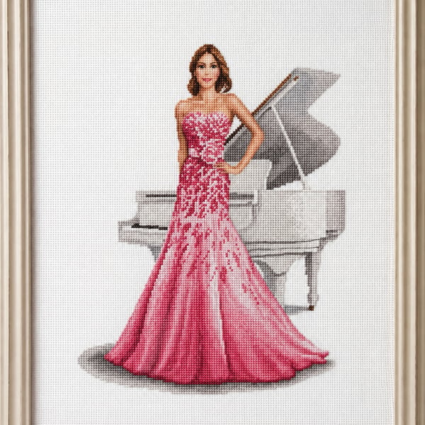 Rose by John Clayton – Completed Lady and Piano Cross-Stitch in Ash Wood Frame