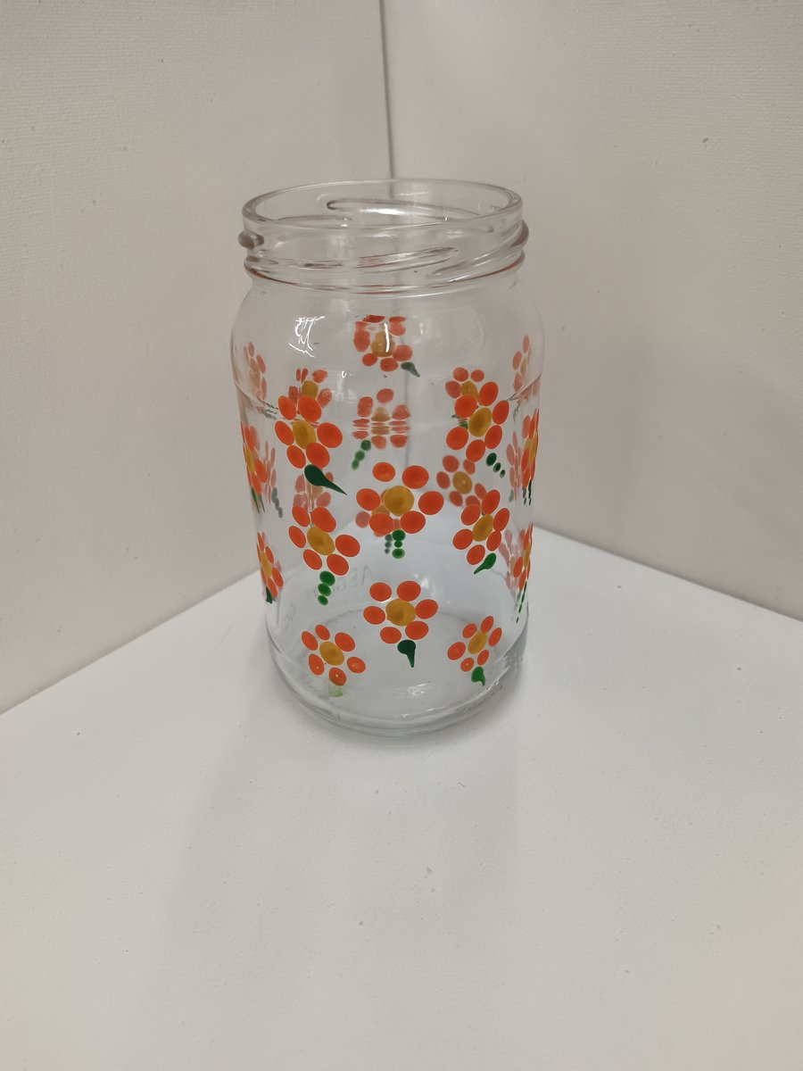 Hand Painted Storage Jar - Orange Flowers 