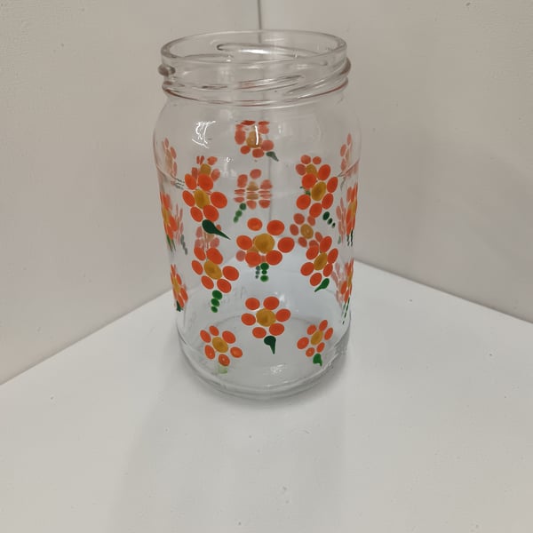 Hand Painted Storage Jar - Orange Flowers 