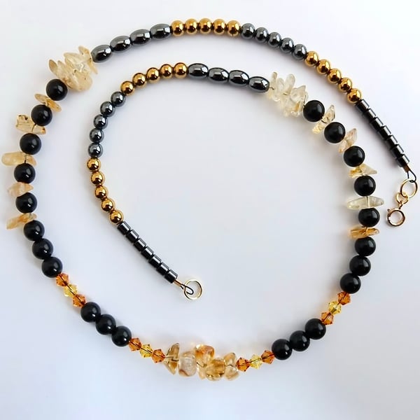 Citrine, 0bsidian, Swarovski Crystal and Hematite Necklace - Handmade In Devon