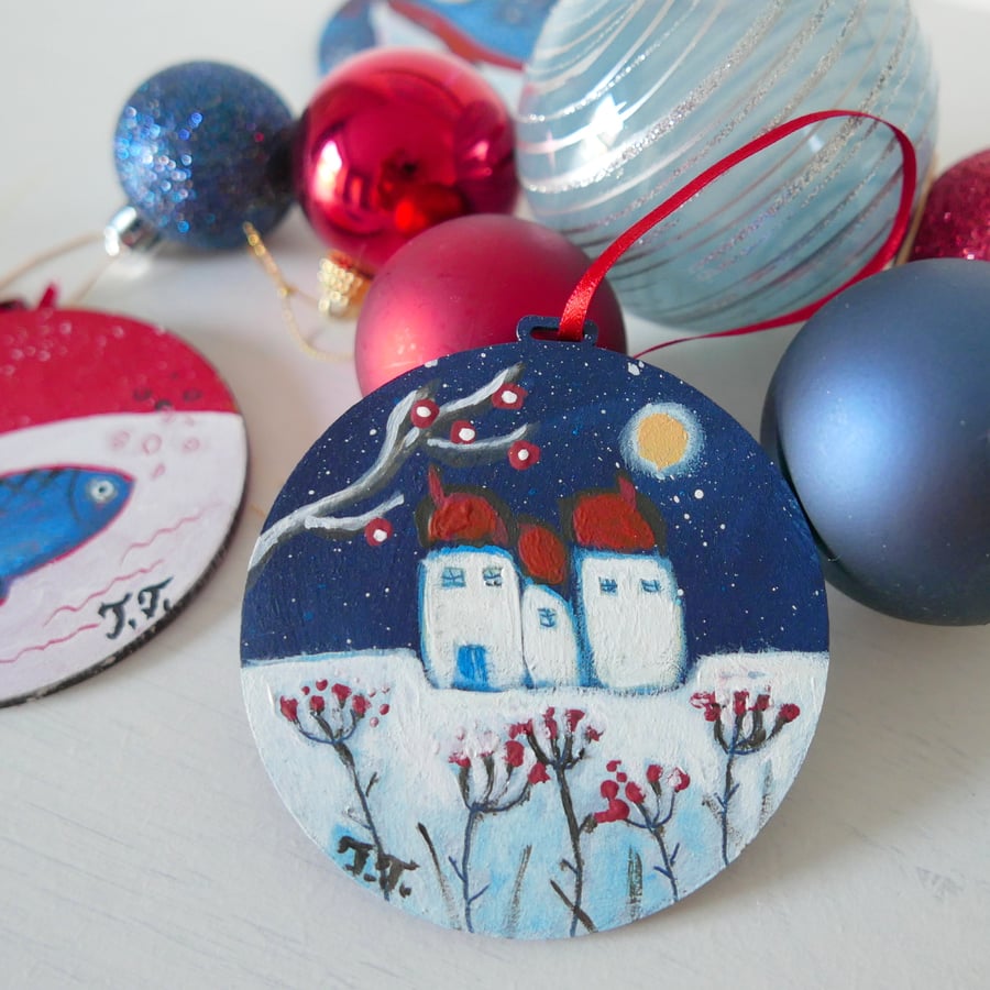Blue Christmas Bauble, Hand-painted Tree Decoration, Cottage Style Decor