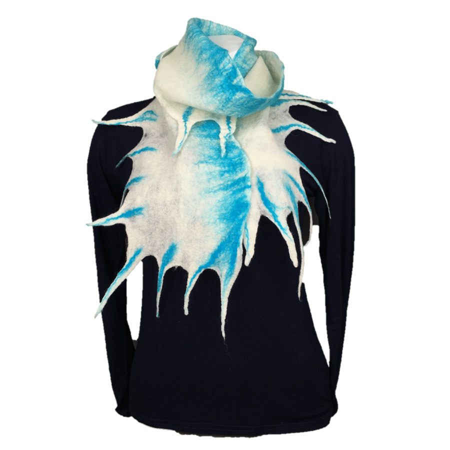 Merino wool felted scarf , white with turquoise spiky border