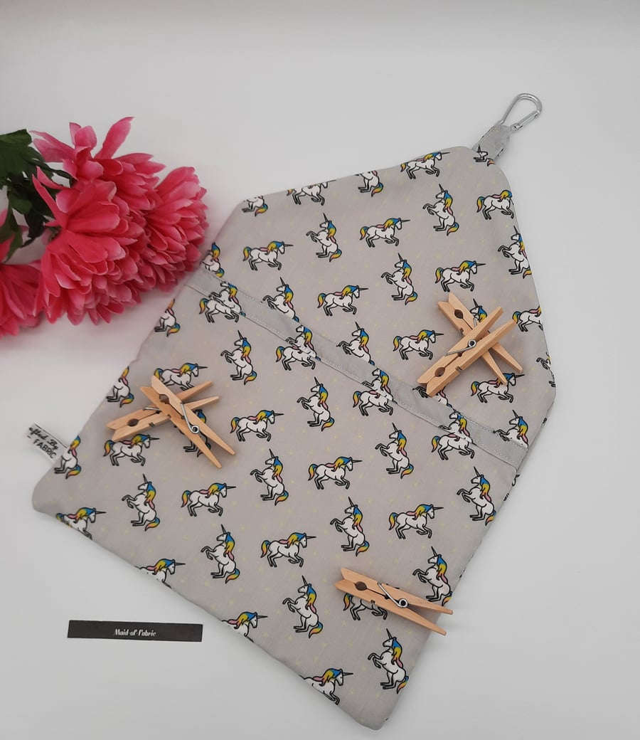 Peg bag,  clip on, unicorn cotton fabric, free uk delivery. 
